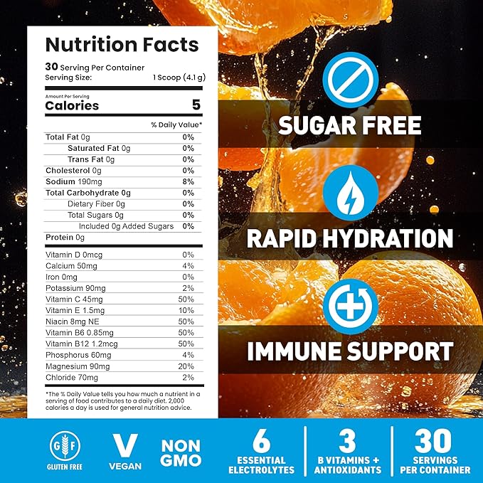 Body Fortress Electrolyte Powder Orange Tangerine - Rapid Hydration Drink Mix with 6 Essential Electrolytes & 3 B Vitamins - Sugar Free, Keto Friendly, No Color Added, Clear Hydration - 30 Servings