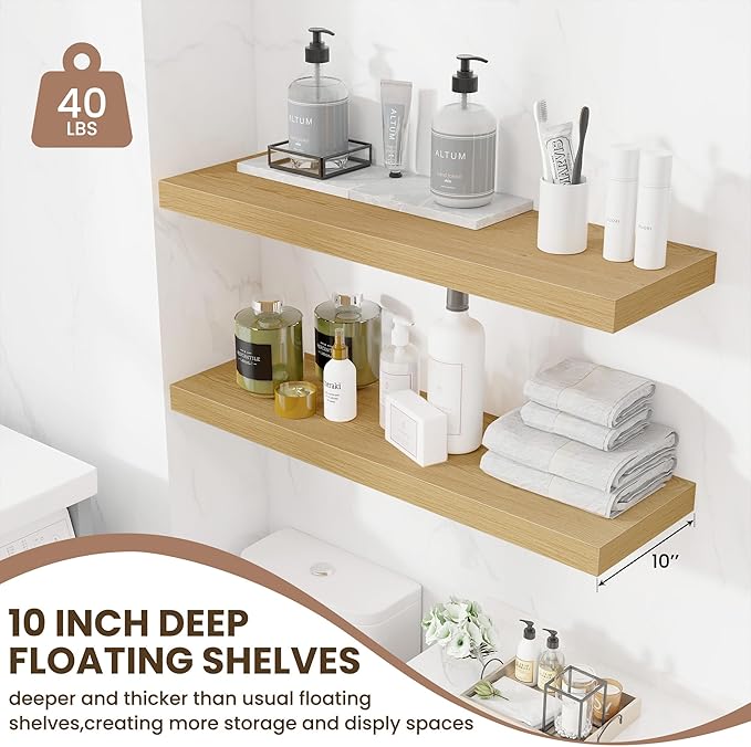 Fun Memories Floating Shelves for Wall 36 Inches, Wood Shelves with Invisible Bracket, 10" Deep Shelves Wall Mounted, Large Wood Floating Shelves for Living Room Bathroom, Oak, Set of 2