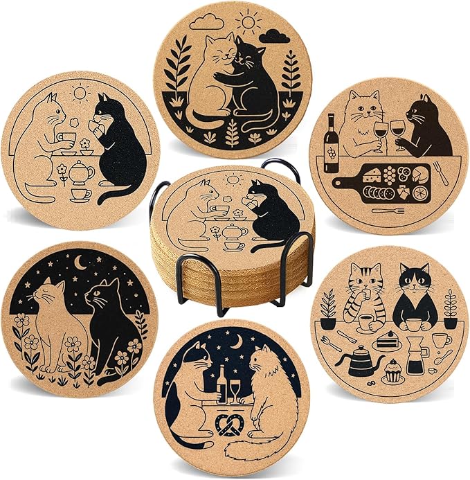 Coasters for Drinks with Holder Set of 6, Cat Cork Coaster Absorbent for Office Desk Table Coasters Kitchen Decor House Warming Gifts for New Home Couples, Round 4"