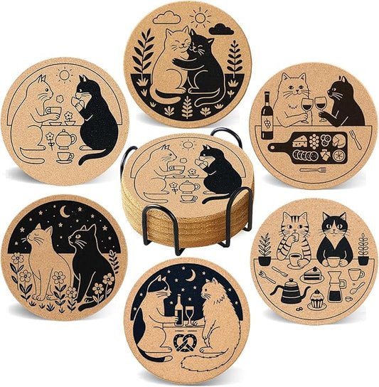 Coasters for Drinks with Holder Set of 6, Cat Cork Coaster Absorbent for Office Desk Table Coasters Kitchen Decor House Warming Gifts for New Home Couples, Round 4"