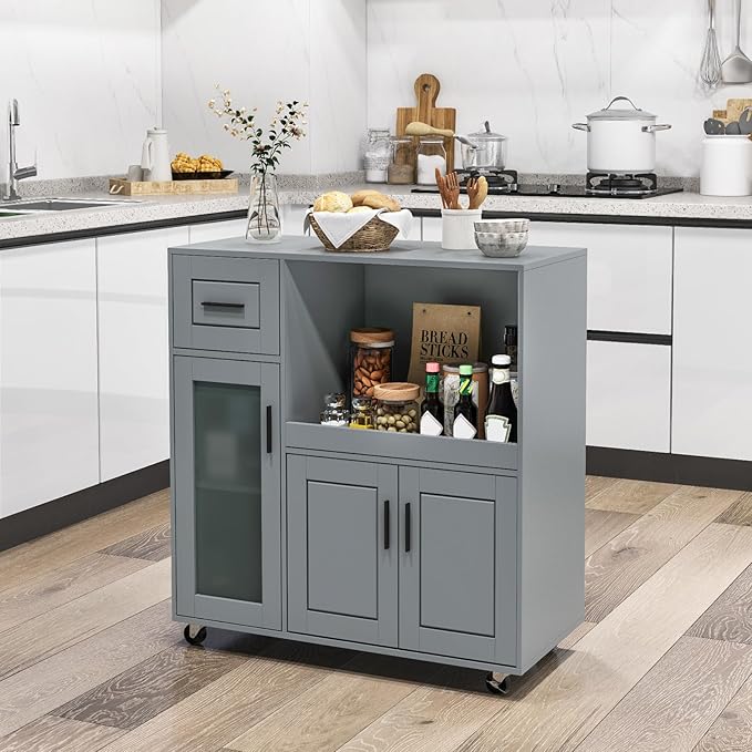 Giantex Rolling Kitchen Island with Storage, Mobile Kitchen Cart with Wheels, Tempered Glass Door, Drawer, 3-Level Adjustable Shelf, Microwave Cart, Coffee Cart Station for Dining Room, Grey
