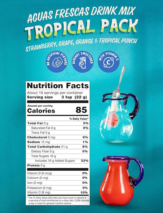 Klass Aguas Frescas Drink Mix Tropical Variety Pack - Strawberry, Grape, Tropical Punch & Orange - Powder Drink Mix, Water Drink Mix with Natural Flavors & Vitamin C, Makes 28 to 36 Quarts (56 to 72 Drinks)