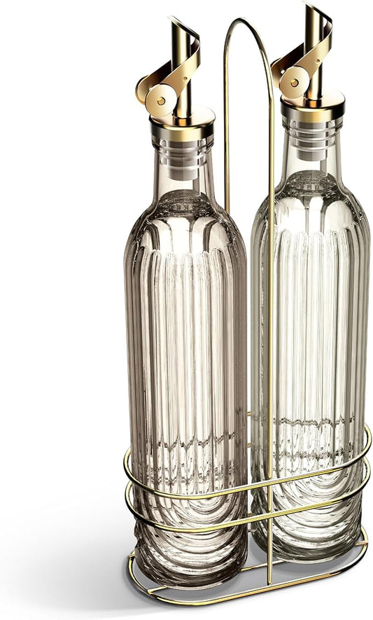 COOK WITH COLOR Glass Olive Oil Bottle Dispenser - 2 Pack- 17oz Oil and Vinegar Cruet - Olive Oil Carafe Decanter for Kitchen, Elegant Fluted, Brown