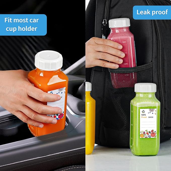 6 Pack 16 Oz Glass Juice Bottles with 2 Pour Spouts, 100% Airtight Heavy Duty SCREW Lid- Reusable Glass Milk Bottles w Scale Mark, Square Drinking Jar Juice Container Breast Milk Pitcher(Extra 2 Lid)