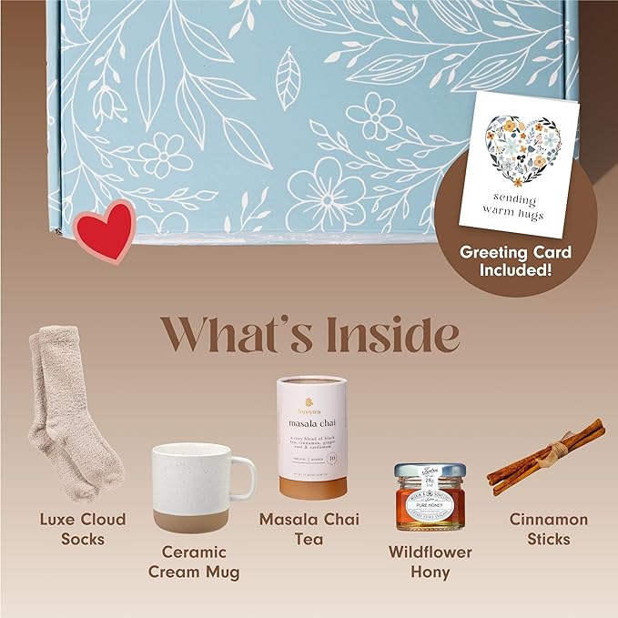 Unboxme Birthday Gift Basket for Women with Socks, Mug, Organic Chai Tea, Honey & Cinnamon, Relaxation Self Care Wellness Tea Gift Set for Mom, Sister, Best Friend