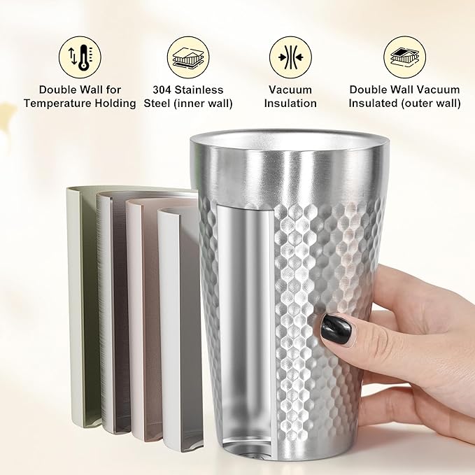 AGH 4 Pack Stainless Steel Cups for Kids, Metal 15oz Double Layer Insulated Cup, Reusable Stackable Cup for Party Outdoor (Matte Silver)