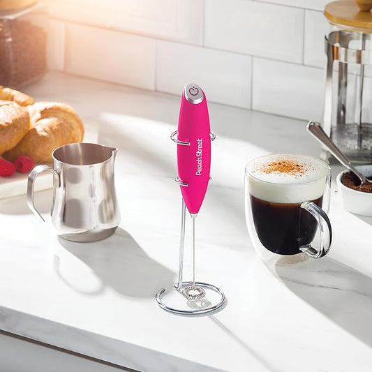 Powerful Handheld Milk Frother, Mini Milk Foamer, Battery Operated (Not included) Stainless Steel Drink Mixer with Frother Stand for Coffee, Lattes, Cappuccino, Frappe, Matcha, Hot Chocolate.