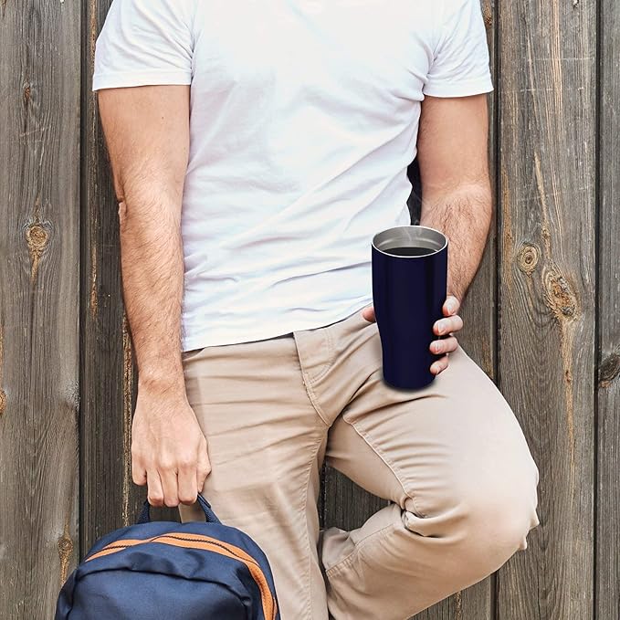 DISCOUNT PROMOS 10 Stainless Steel Grip Travel Mugs Set, 27 oz. - Vacuum Insulated, Plastic Lid - Blue