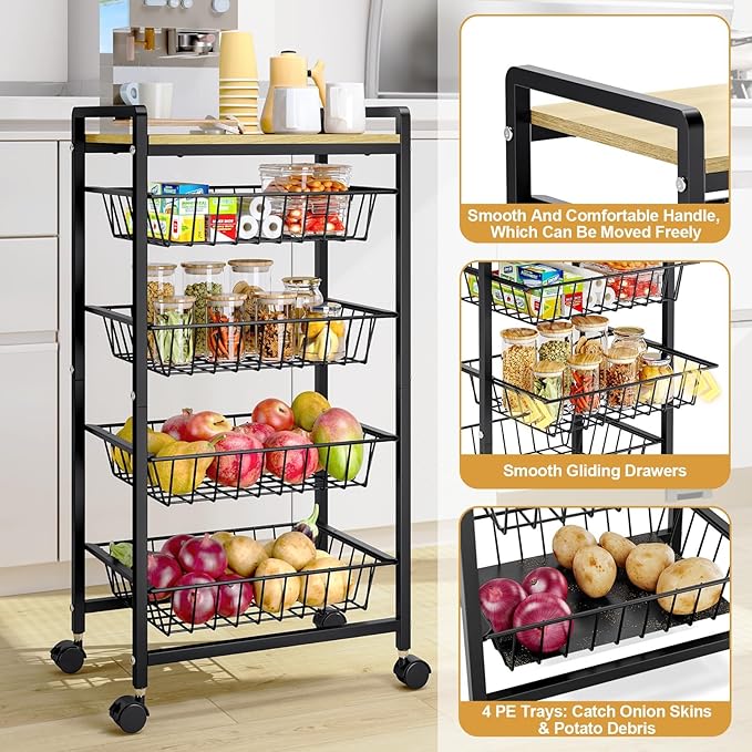 TOOLF 5-Tier Kitchen Cart with Tabletop, Rolling Snack Cart with Lockable Wheels, Fruit Vegetable Storage Basket with 4 Pack Mats, Metal Storage Rack with Pull-Out Pantry Cart for Organizer