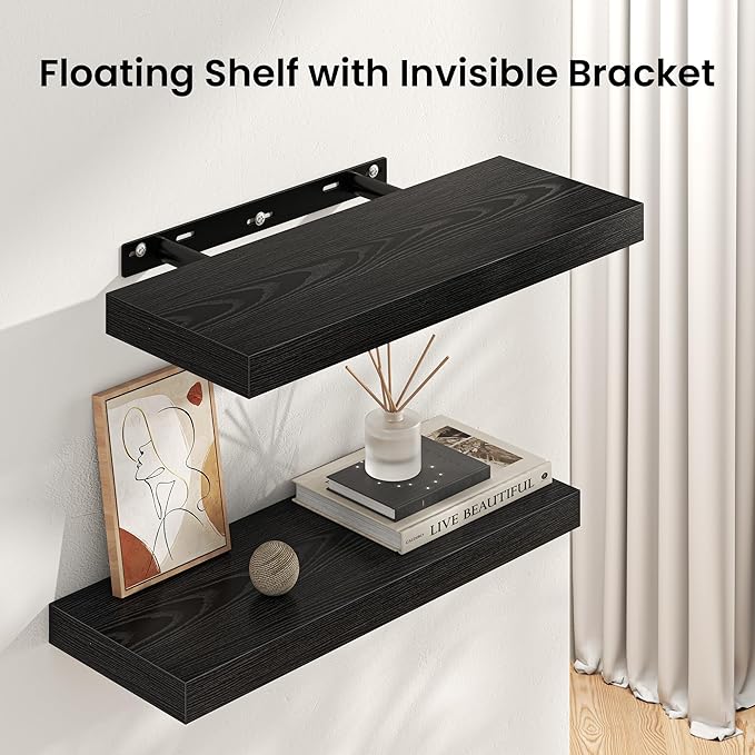 Floating Shelves for Wall, 40" W x 8" D x 1.5" H, Wooden Wall Mounted Display Shelves with Invisible Brackets for Living Room, Bedroom, Bathroom, Kitchen Decor and Storage, Set of 2, Black