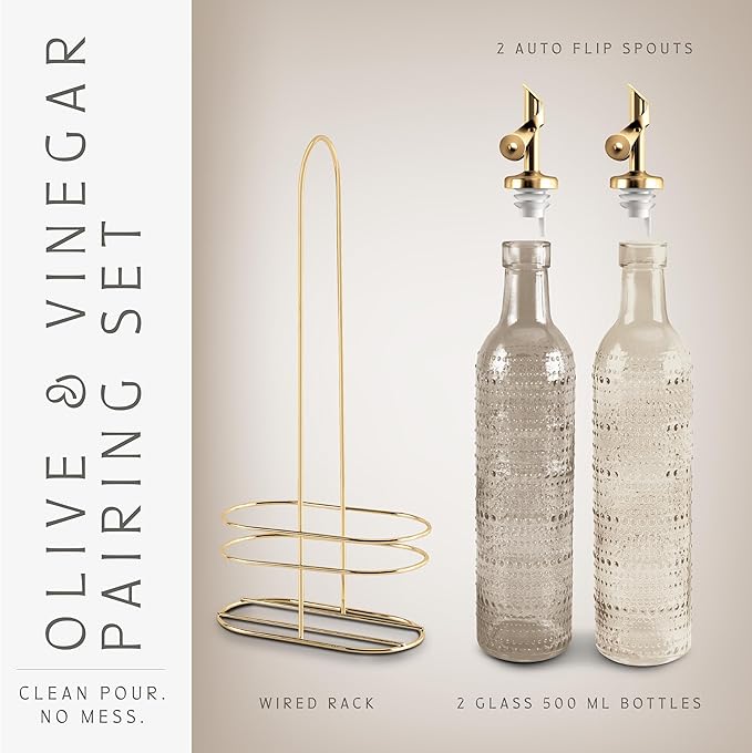 COOK WITH COLOR Glass Olive Oil Bottle Dispenser - 2 Pack- 17oz Oil and Vinegar Cruet - Olive Oil Carafe Decanter for Kitchen, Champagne Bubbles, Brown