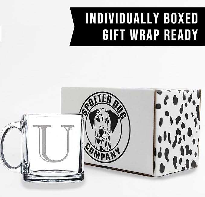 Spotted Dog Company Etched Monogram 12oz Clear Glass Coffee Mug (Letter U), A-Z Customized Coffee Gifts, Custom Engraved Gifts for Women Her, Personalized Gift for Men, Initial