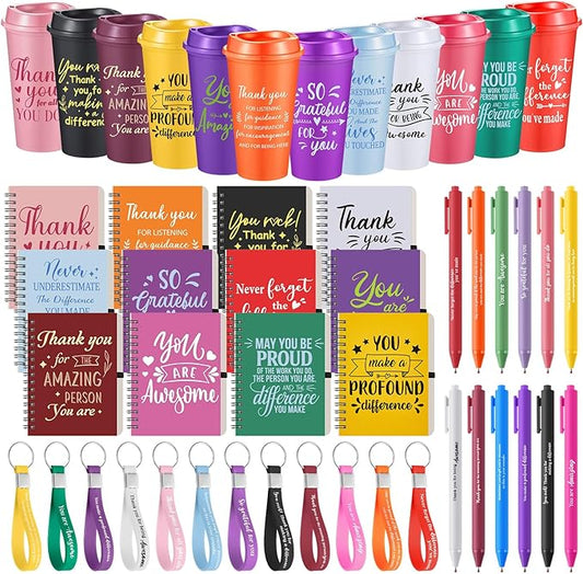 Skylety 12 Set/48 Pcs Employee Appreciation Gifts Bulk Christmas Thank You Gift Set 16 oz Coffee Cups Mini Spiral Notebooks Pens Keychains for Staff Team Teacher Coworker (Classic Color)