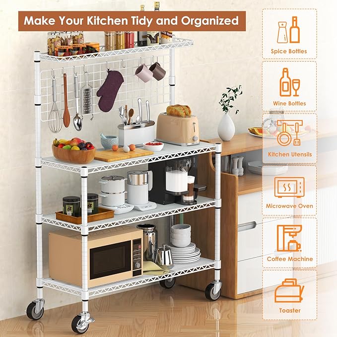 Leteuke 42 Inch Bakers Rack with Wheels, 4-Tier Microwave Stand Kitchen Cart, Heavy Duty Utility Kitchen Cart, Microwave Cart Storage Rack with 20 S-Hooks & Shelf Liners, 42× 18× 63 Inch, White