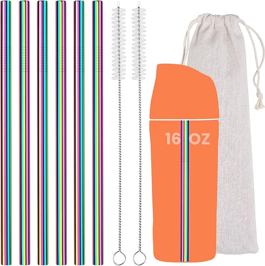 NiHome 6-Pack Iridescent Stainless Steel Drinking Straws, Compatible with Owala Kids’ FreeSip 16oz, Food-Grade Rust-Resistant Material, Includes Cleaning Brushes & Travel Storage Bag