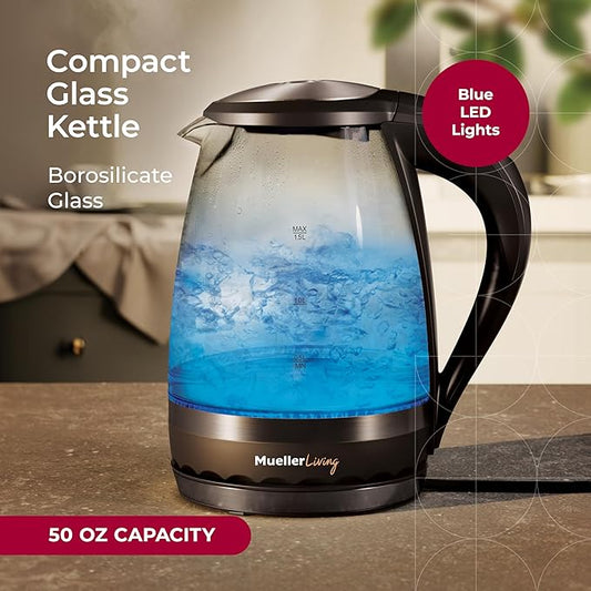 MuellerLiving Glass Kettle 1.5L 1500W LED Light Electric Tea Kettle Automatic Shut-Off with SpeedBoil Tech and Boil-Dry Protection (Pack of 2)