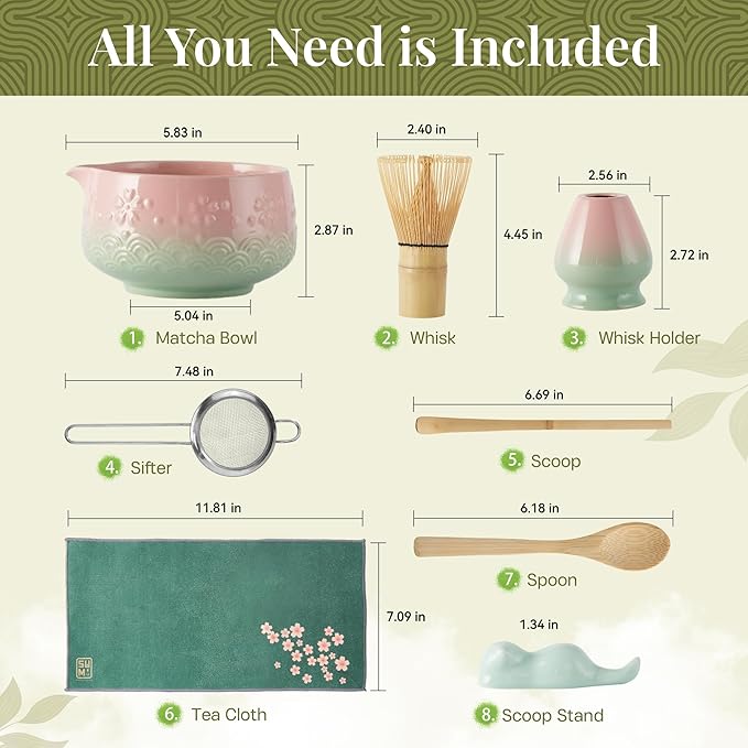 Matcha Whisk Set 9pcs – Matcha Tea Set with Ceramic Matcha Bowl, Bamboo Whisk (Chasen), Scoop, Sifter | Matcha Kit for Japanese Tea Ceremony & Beginners(Gradient)