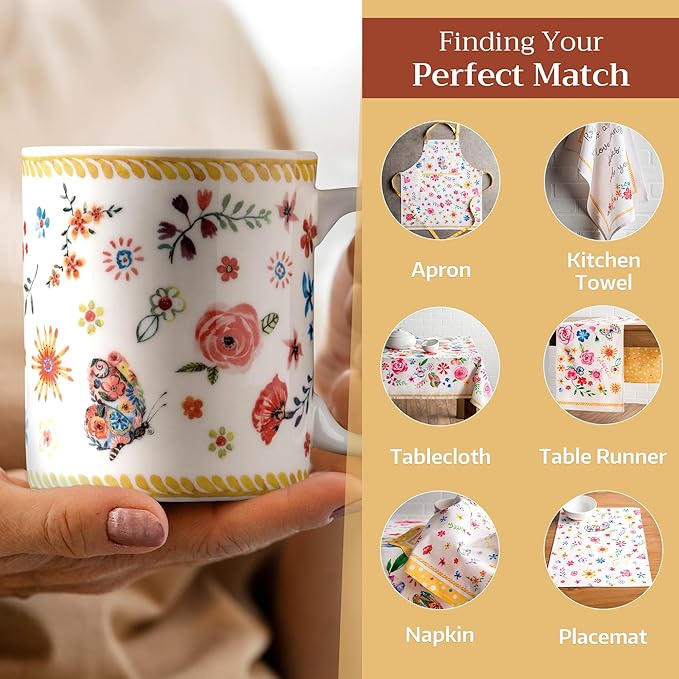 Maison d' Hermine Coffee Mug with Handles Fine Bone China Mugs Pack of Two Tea Cups for Hot Beverages Cappuccino Latte Home Restaurant Office Perfect for Gift (Happy Florals - Sweety, 15 Ounce)