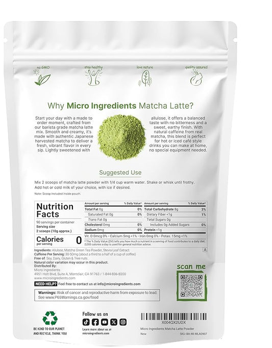 Matcha Latte Powder, 2lbs | Sugar Free Café Style Drink Mix | Sweetened Instant Matcha for Tea, Smoothies, & Iced or Hot Drinks | Natural Caffeine | Non-GMO, Dairy Free