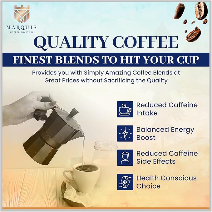 Marquis - Half Caff Coffee, Rich Blend of half Ethiopian Yirgacheffe and Half Decaf French Roast Beans, Fresh Dark Roast with a Fruity Flavor, Premium Half Caff Whole Bean Coffee, 2 lb