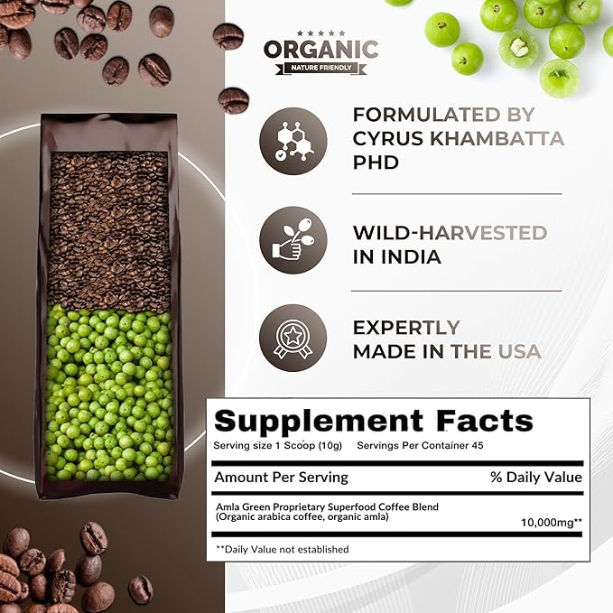 Amla Green Organic Ground Superfood Coffee, Medium Roast Gourmet Coffee with Antioxidant Rich Indian Gooseberry, 100% Arabica Special with Amla Benefits, 16 Oz