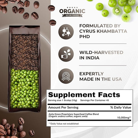 Amla Green Organic Ground Superfood Coffee, Medium Roast Gourmet Coffee with Antioxidant Rich Indian Gooseberry, 100% Arabica Special with Amla Benefits, 16 Oz