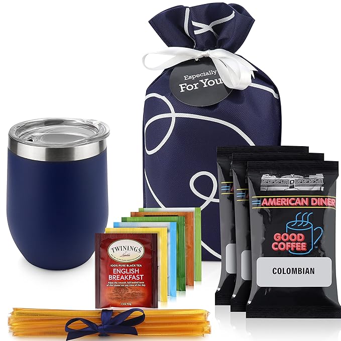Tea and Coffee Lovers Gift Set - Includes Temperature Retention Cup, 3 Fresh Roasted Full Pot Ground-Coffee Samplers, 6 Special Blend Teabags & Honey Presented in Beautiful Gift Bag For Women & Men