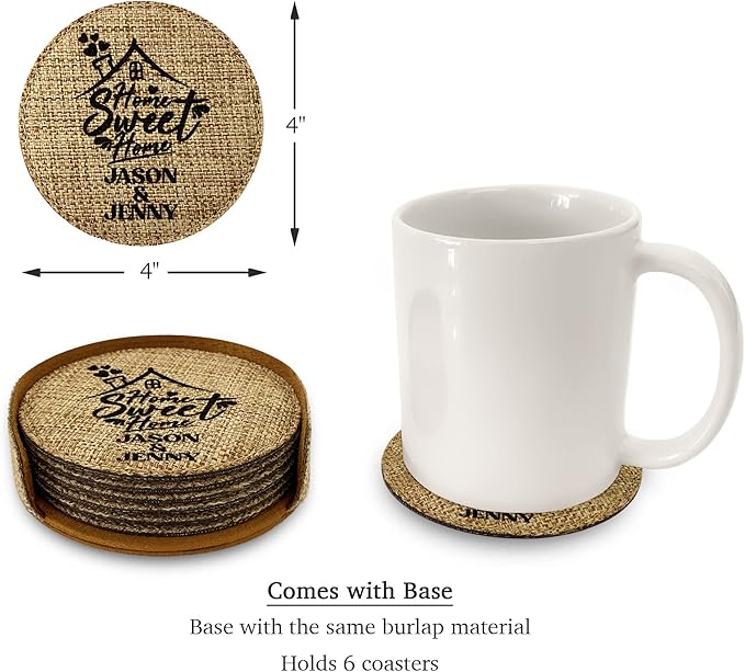Smile Art Design Family Couple Names Custom Coaster Set of 6 with Base Round Burlap Material Family Name Home Sweet Home Print Personalized Gifts House Warming Wedding Gift Rustic Home Decor Style11