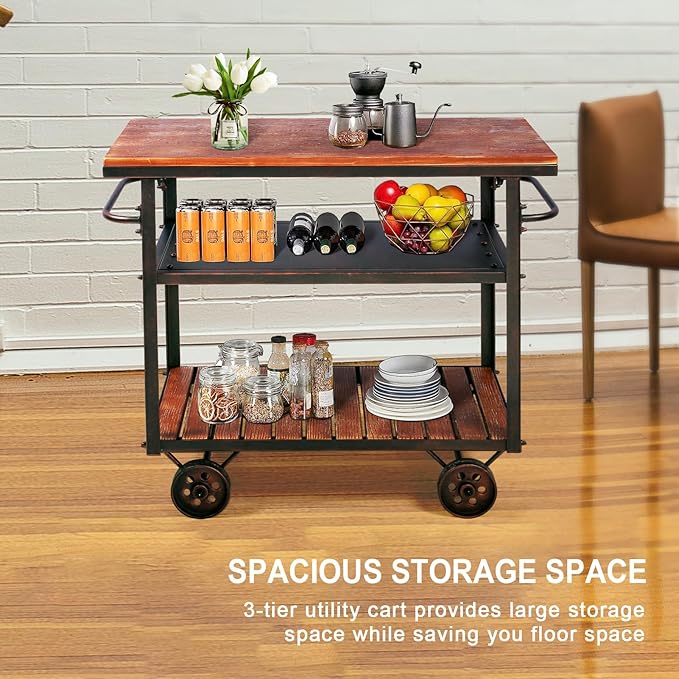 Topower Industrial Bar Cart, Serving Cart with Wheels and Handle, 3-Tier Beverage Metal Cart with Removable Tray and Storage Shelves for Living Room Kitchen, Rustic Copper