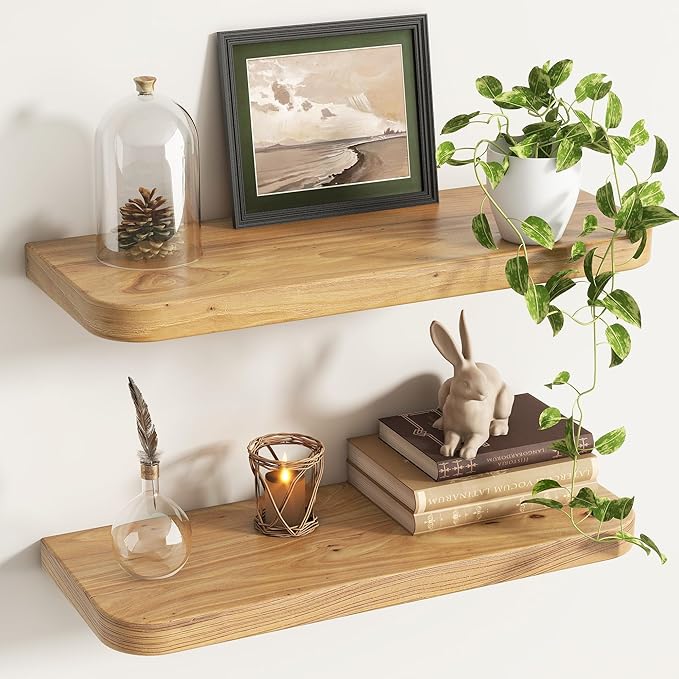 Reclaimed Elm Wood Floating Shelves for Wall Round Edge, 24"W x 9.2"D x 1.37"H, Set of 2 with Invisible Bracket, Wall Mounted Shelves for Living Room Bedroom Kitchen Bathroom Decor, Natural Finish