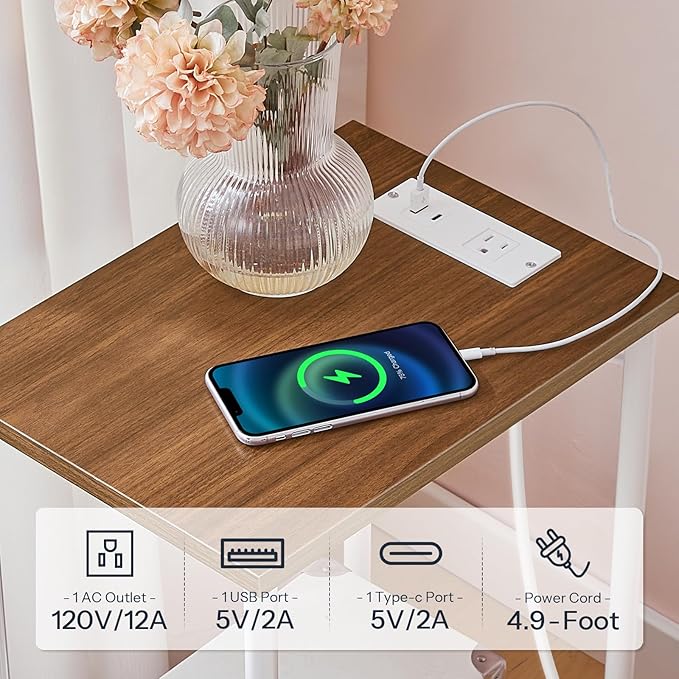HOOBRO Side Table with Charging Station, Set of 2 End Table with USB Port and Outlets, Nightstand with 2-Layer Storage Shelves for Small Spaces, Living Room, Bedroom, Walnut and White WH09UBZP201