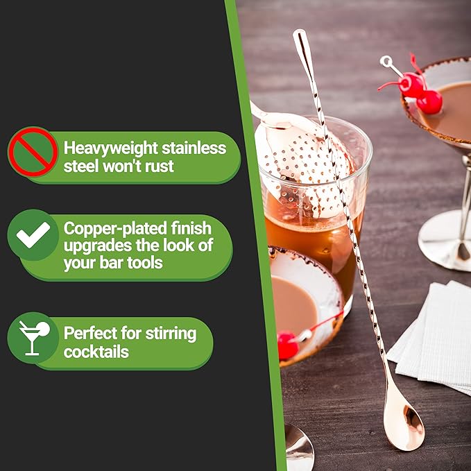 Restaurantware Bar Lux 12 Inch Bar Spoon 1 Corkscrew Handle Cocktail Stirrer Spoon - Long Commercial Copper-Plated Stainless Steel Cocktail Mixing Spoon For Stirring And Mixing