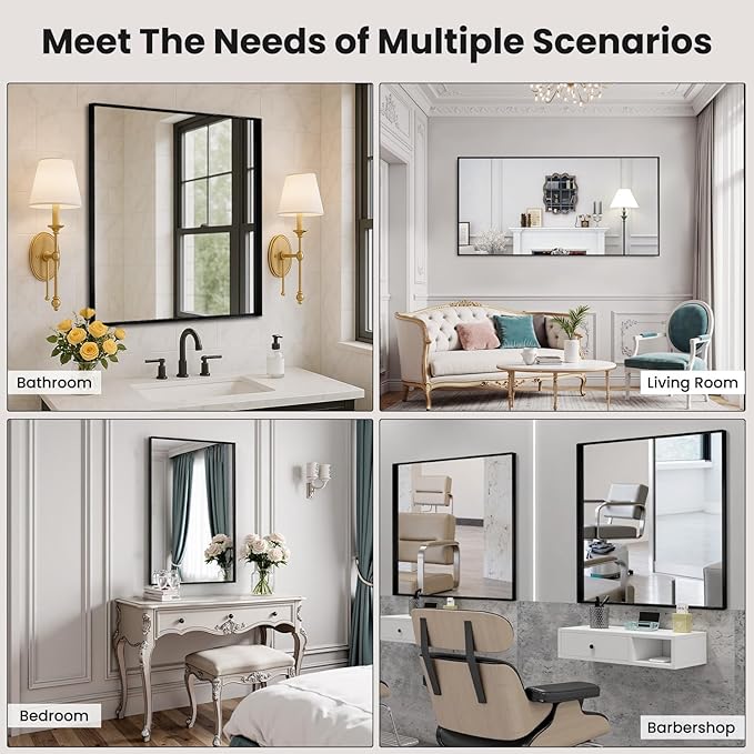 LOAAO Black Bathroom Mirror 30"X30" for Wall, Rectangle Bathroom Vanity Mirror, Tempered Glass, Hangs Vertically or Horizontally, Easy to Install, Modern Design