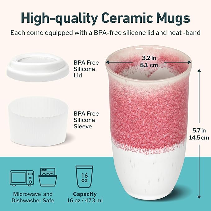 NOVA CERAMICS Coffee Travel Mug - Coffee Travel Cup – Microwave & Dishwasher Safe Coffee Pink Tumbler - Gifts For Women Men Him Her – 16oz – Coral Pink