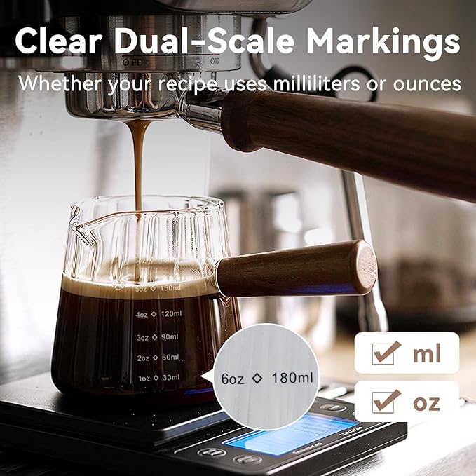 Glass Measuring Cup 6OZ, Espresso Accessories, Expresso Shots Cup, Espresso Shot Glass with V-Shaped Mouth, Ribbed Milk Frothing Pitcher, coffee Espresso Cup (Glass Handle)