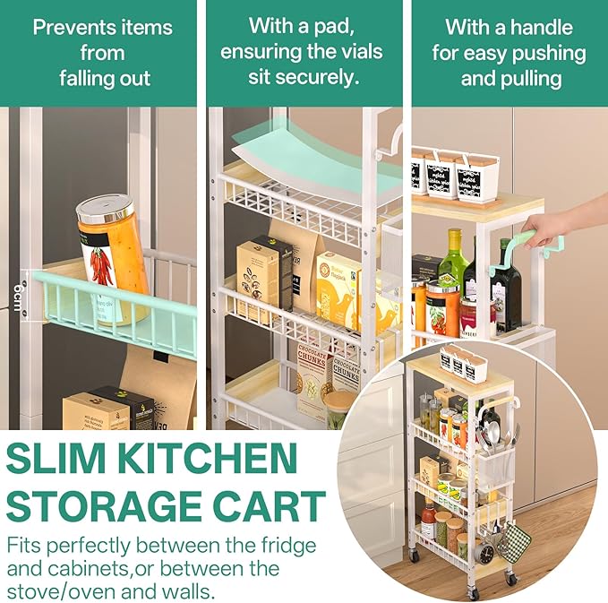 Slim Bathroom Storage Cart, 4 Tier Small Rolling Organizer Cabinet with Wood Top Handle, Mobile Shelving Unit Slide Out for Office, Kitchen, Laundry Room & Narrow Places (9.1" Overall Width)