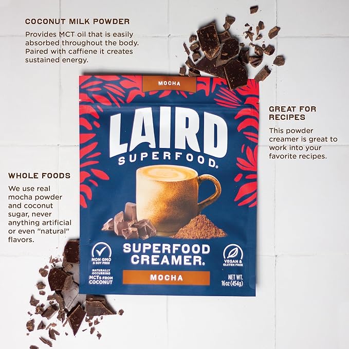 Laird Superfood Non-Dairy Coffee Creamer Mocha, Shelf-Stable Superfood Non-Dairy Powder Creamer, Gluten Free, Non-GMO, Vegan, 16 oz. Bag, Pack of 2