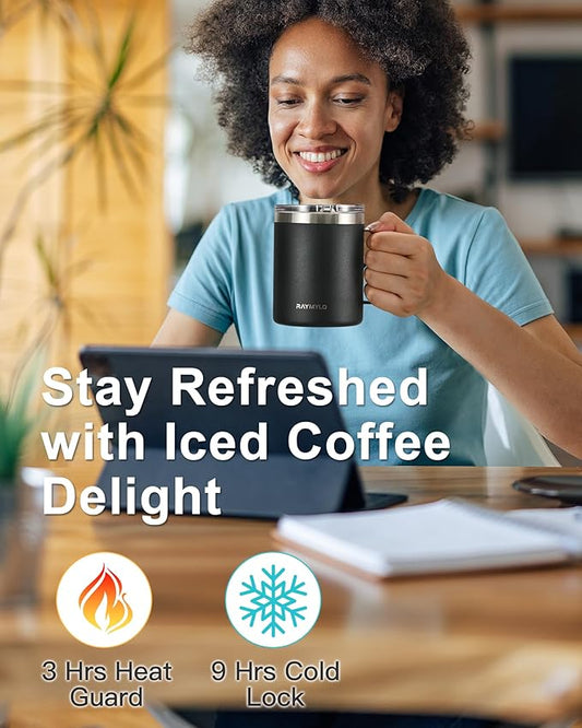 Insulated Coffee Mug 12 oz, Double Wall Stainless Steel Coffee Mug with Lids, Leak-Proof & Detachable Slider Lid for Thorough Clean, Keeps Coffee Cold for 9 Hrs, Suitable for Camp Home Office