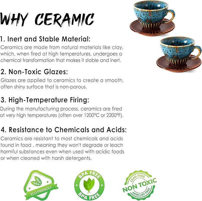 YINUOWEI 2 oz Espresso Cups Set of 2, Ceramic Cappuccino Cups with Saucers, Durable Porcelain Tea Set & Modern Coffee Cup Collection, Coffee Lover Gifts, Glazed Blue