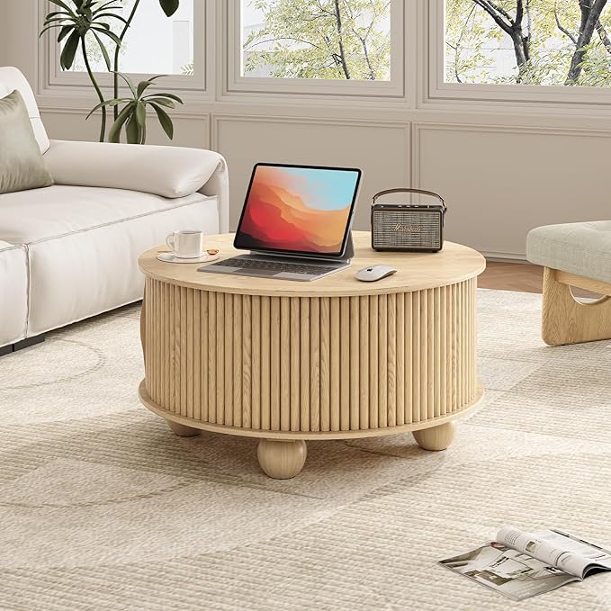 Round Coffee Table with Storage, 31.5" Natural Oak Fluted Drum Center Table, Scandi Japandi Wood Circle Table with Sliding Door & Bun Feet for Living Room