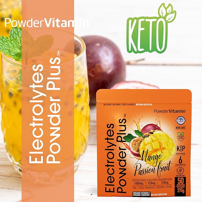 PowderVitamin Electrolytes Powder Plus (50 Servings) Mango Passionfruit Electrolyte Powder Zero Calorie Keto, 0 Sugar, No Maltodextrin,1000mg Potassium,120mg Calcium,120mg Magnesium, Hydration Powder