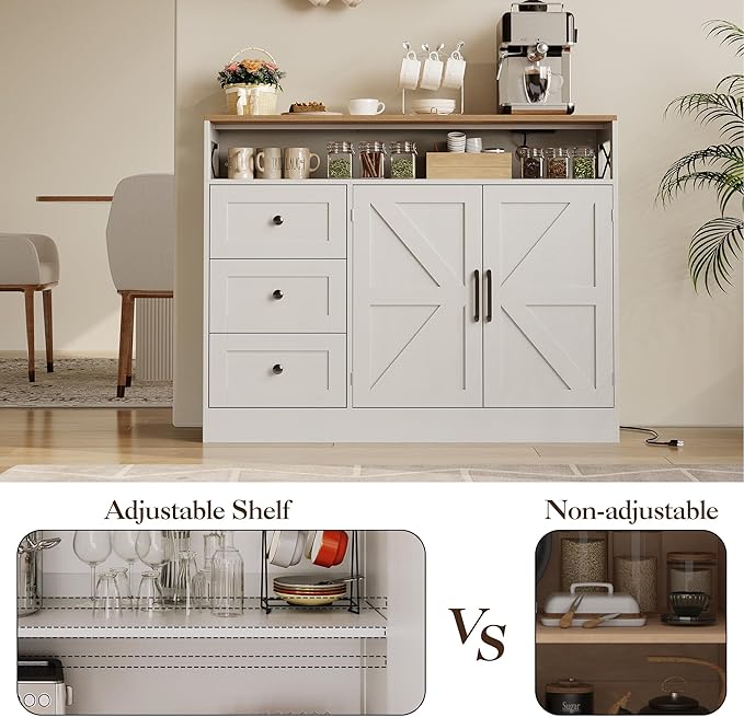 GAOMON 51Inch Sideboard Buffet Cabinet, Wood Rustic Coffee Bar Large Buffet Storage Cabinet with Drawers and Power Outlets Shelves Doors for Dining Kitchen Living Room, White