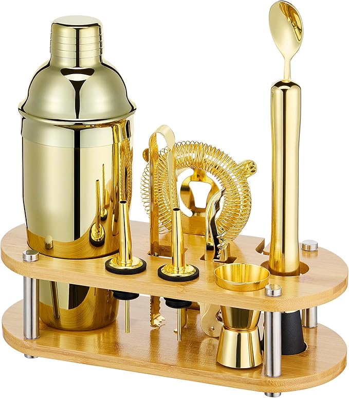 Cocktail Shaker Set Bartender Kit - 11 Pcs Bar Tool Set with Bamboo Stand & All Bar Accessories: Martini Shaker, Strainer,Jigger, Muddler, Mixer Spoon Barware Kit, for Bar, Home Lounge & Party(Gold)