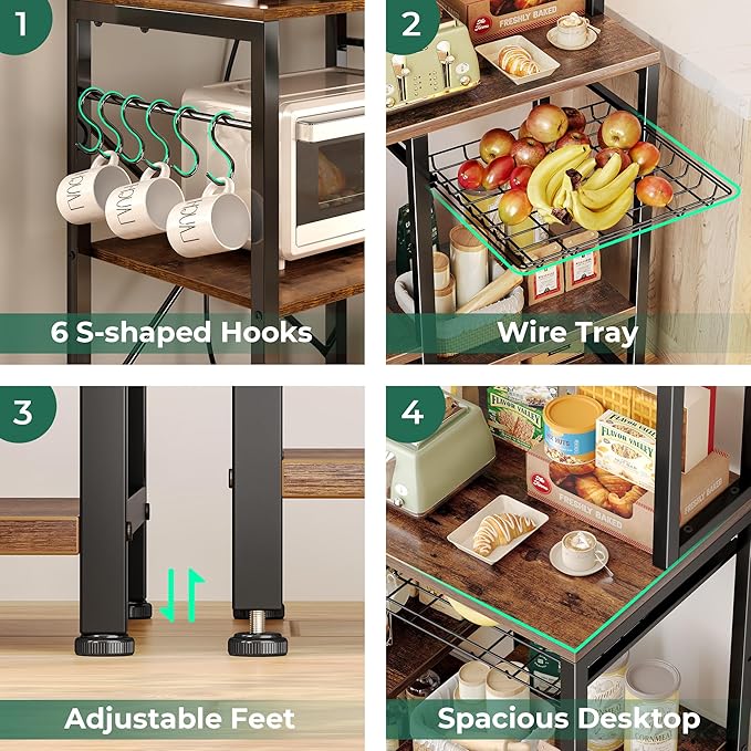 SUPERJARE Bakers Rack with Power Outlet, 47.2 Inches Coffee Bar with Wire Basket, Kitchen Microwave Stand with 6 S-Shaped Hooks, Open Storage Shelves, Rustic Brown