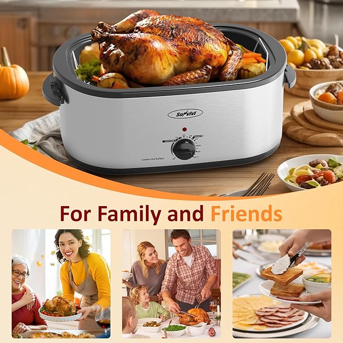 Sunvivi Electric Roaster,28 Quart Roasting Oven with Self-Basting Lid Removable Pan,Turkey Roaster Oven with 150 to 450F Temperature Control Cool-Touch Handles, Sliver