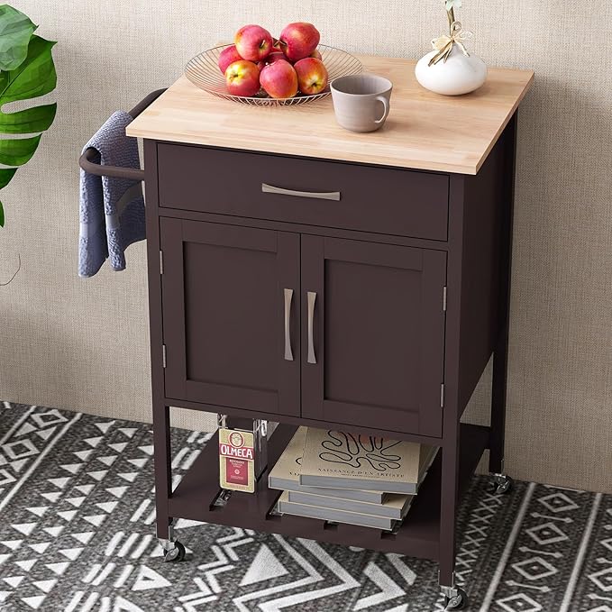 Giantex Rolling Kitchen Island Cart, Mobile Serving Cart with Drawer, 2-Door Storage Cabinet, Storage Shelf, Towel Rack, Food Prep Utility Cart on Wheels for Dining Room, Living Room (Brown)