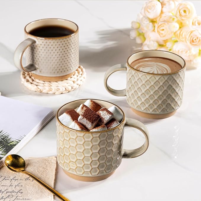 GBhome 15OZ Stackable Coffee Mugs, Ceramic Coffee Mugs with Texture Patterns for Man,Woman,Dad,Mom, Modern Coffee Mugs Set of 4 for Latte/Cappuccino/Cocoa. Dishwasher&Microwave Safe, Pale Khaki