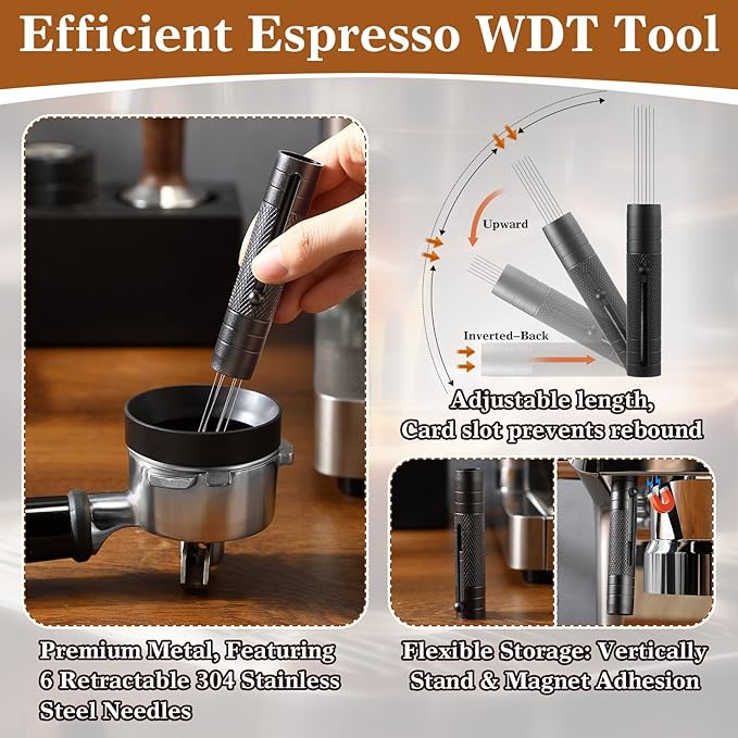 54mm Retractable WDT Tool, Espresso Accessories Kit with Dosing Funnel and Puck Screen, 304 Stainless Steel Needle Coffee Distribution Stirrer, Portafilter Dosing Ring for Barista 54mm