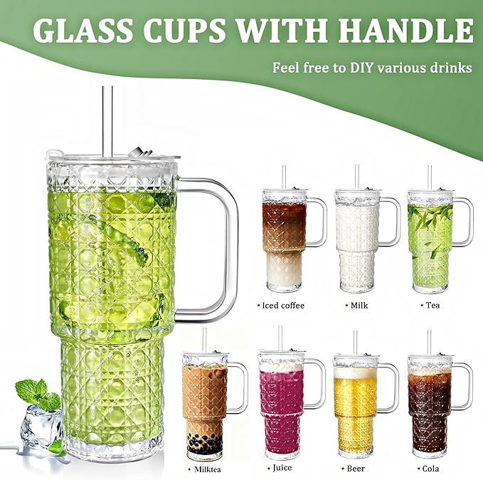 26oz Glass Cups with Lids and Straws,2 Pack Tumbler With Handle Mason Jar Wide Mouth Reusable Drinking Glasses with Lid and Straw Smoothie Tumbler Iced Coffee Beer Cup Travel Mug(Diamond)