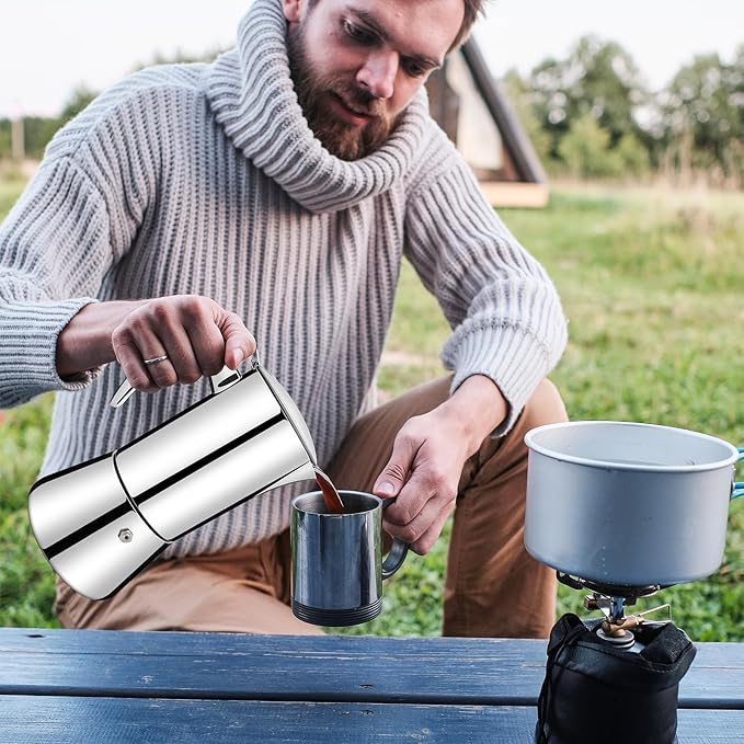 Vaolvpant No Coating 4 Cup Thickened 304 Stainless Steel Moka Pot Stovetop Espresso Maker Italian Coffee Machine 200ml 6.8oz Suitable for Gas Induction Stovetop Greca Coffee Maker Percolator